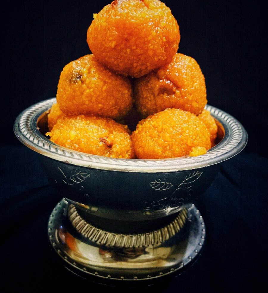 Motichoor laddoo in a silver bowl
